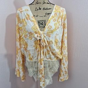 Intimately Free People Yellow Floral Tie Body Suit Size Large Bell Sleeve